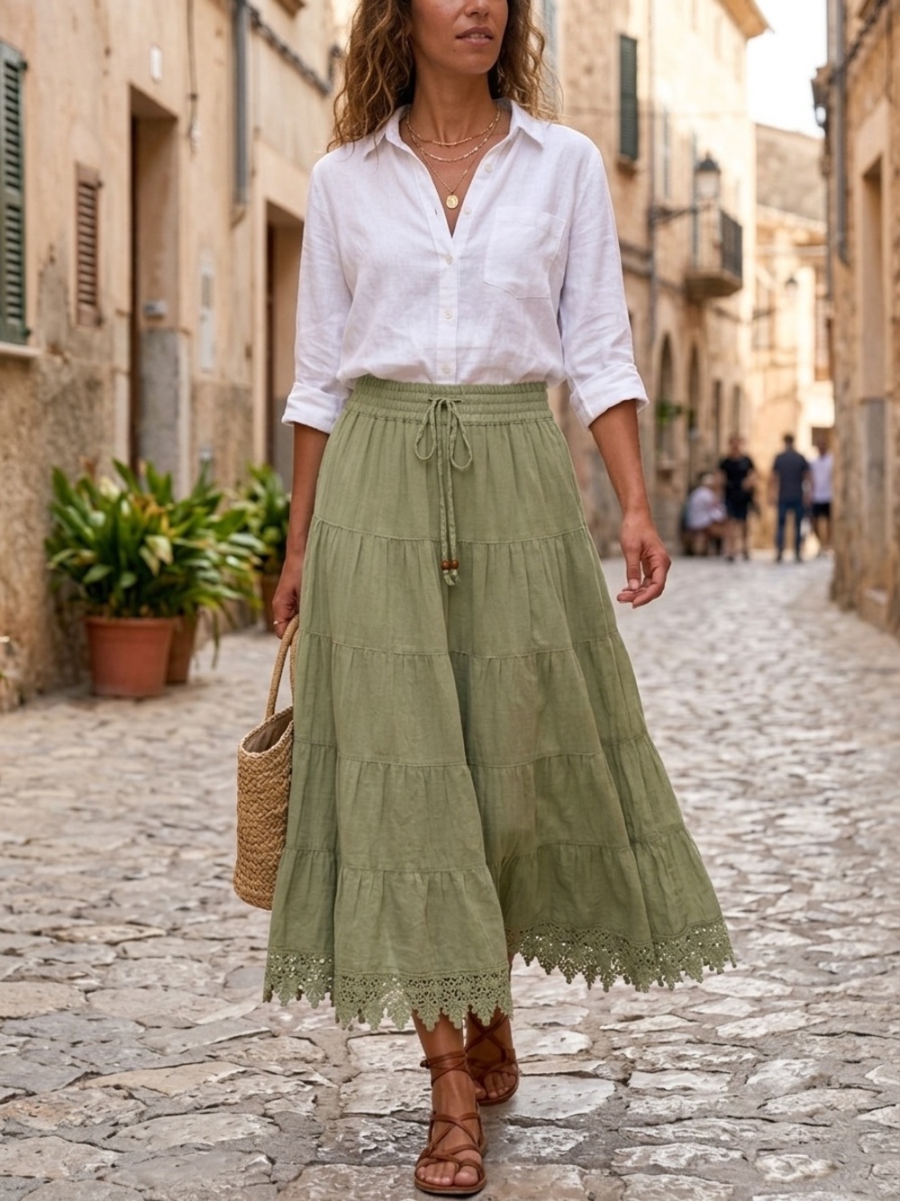 NWT Young Threads Sage Green Tiered Midi Skirt Lace Trim Cotton Large